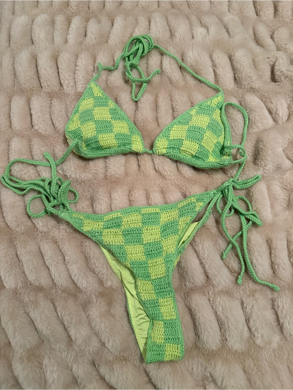 Women's Green Check Crochet Tie-Side Bikini - Unbranded